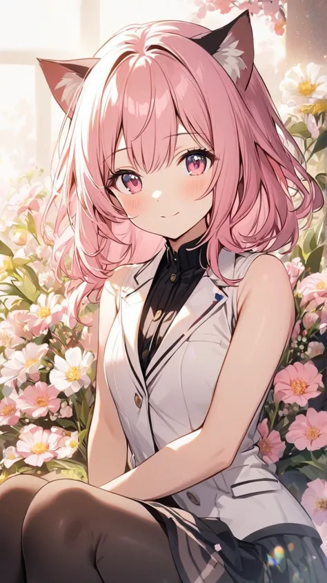  1 girl, Alone,   cute girl with pink hair ,  pink eye, background with lots of pretty flowers ,  Soft natural light , Cat ears,  sleeveless white blazer、 black tights、 gentle smile 