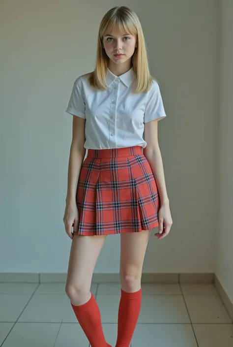 Upper-body shot of a beautiful nordic girl posing for a picture indoors, shoulder lenght golden blonde hair with bangs, she has freckles on her face, green eyes, supermodel, staring at the camera, wearing a classic school uniform style outfit, white short-...