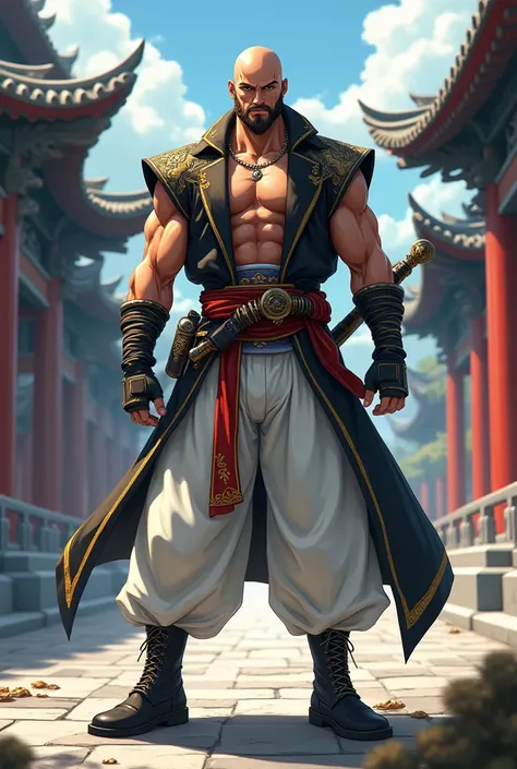 Name bald with beard ONLY ON THE CHIN TRIMMED ,   athletic physique with a short sleeveless jacket very wide white pants,  with black lace-up boots with a scimitar back . In the background an Asian temple .  anime style 