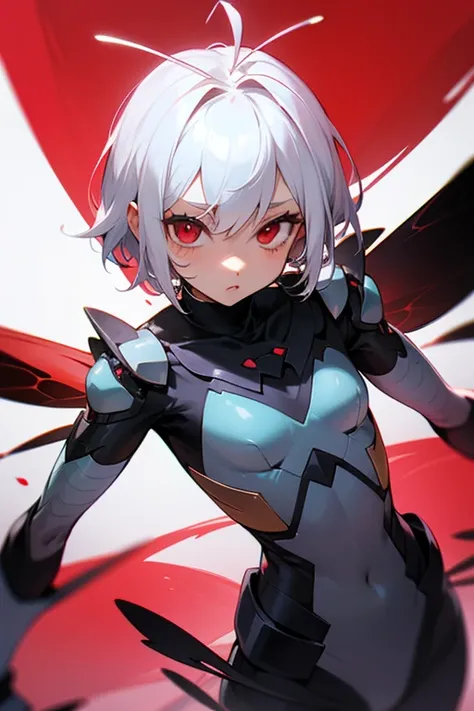  Insect Man ，antenna， insect wings ，Carapace skin， short white hair， red eyes，cute，Loli，，Short