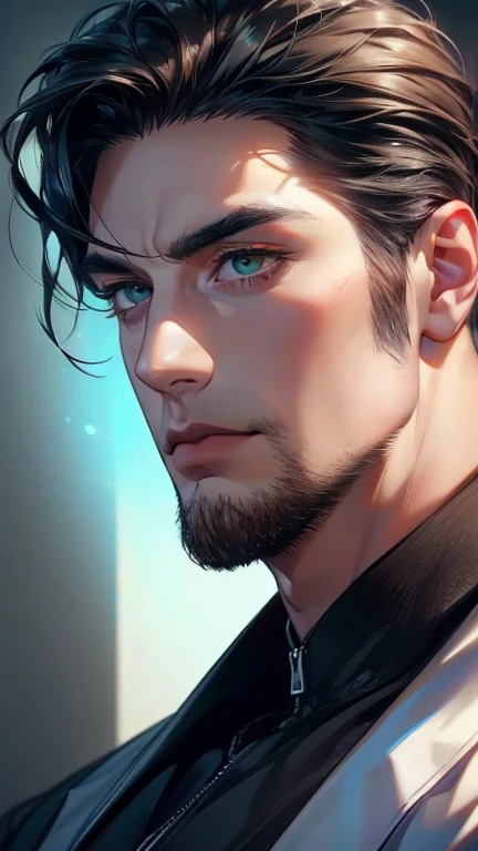 (      best quality,4K,8k,      highres,      masterpiece :1.2),      ultra-detailed      ,(realistic,photorealistic,photo-realistic:1.37),36-year-old man,3 day beard,Beautiful anime,Portraits,strong,Masculine,       with black hair  ,sharp jaw,        mes...