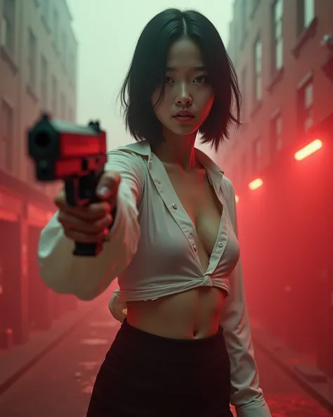 (((Full body view))), (((view from bellow:1.5))), (((Photorealistic:1.3))), Cinematic photography of a tall skinny beautiful Korea sensual nude actress Bae Doona in a very very torn white shirt and very very torn black mini-skirt is pointing a gun in an em...