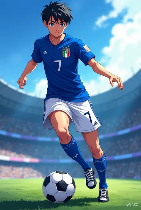 Simon Mol is young guy with short black hair and blue eyes, wearing Italy national kit, playing with number 7 on his jersey in blue lock style, anime style