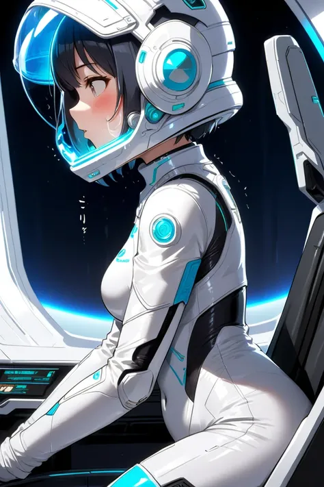 (spacesuit:1.15), white cargo pants, space helmet , , indoors, masterpiece, best quality, 1girl, solo, short hair, , , trembling, HARD TO BREATH,, , bodysuit, from side, bubble helmet, short hair, nside the (cockpit) of a (futuristic spaceship:1.6), , blus...