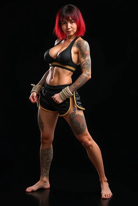 ((Masterpiece, High Quality, 8K, UHD, Ultra Realistic, Sharp Focus, Vivid colors, 8k, cinematic lighting)), Female Muay Boran fighter. Full body portrait of a muscular Muay Thai woman, ((the both arm, hand and the both leg of the body full of tattoo)), per...