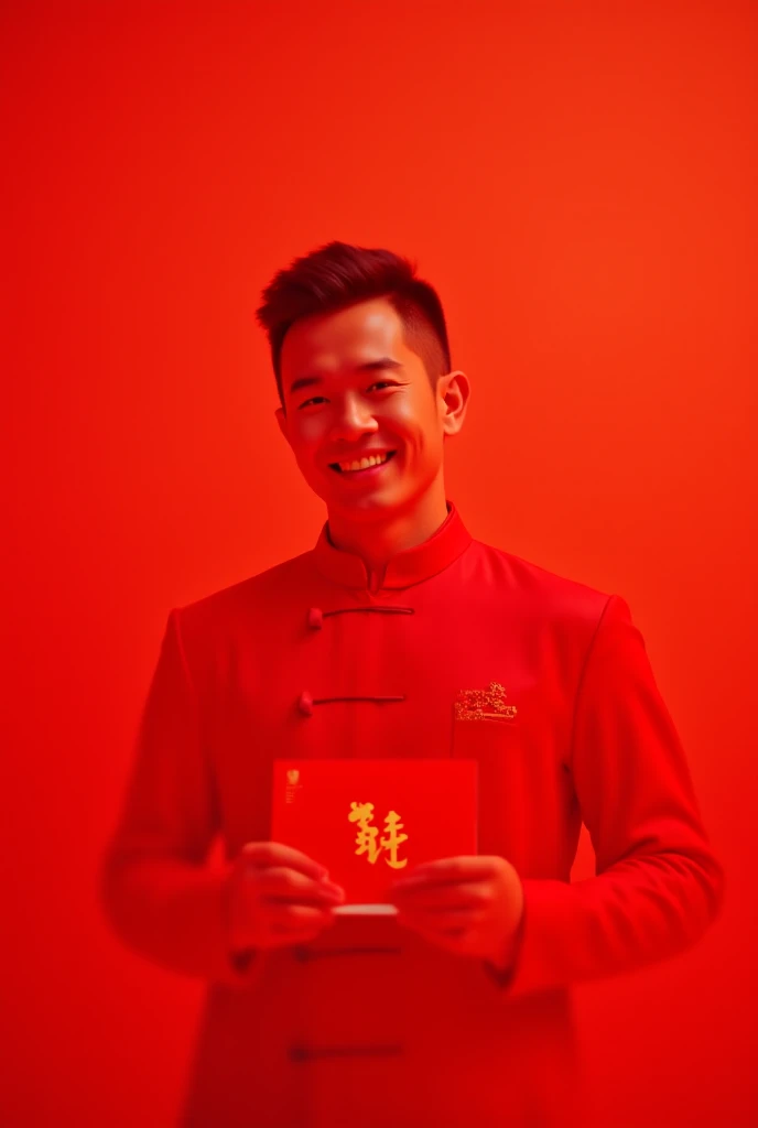 Realistic Picture, High Resolution. a young man with Smile, 30 Years old. Undercut hair. wearing a red traditional Tang suit, Half Body Photo. holding a red envelope with golden Chinese characters. Two bright red and white lion dance costumes flank him, Th...