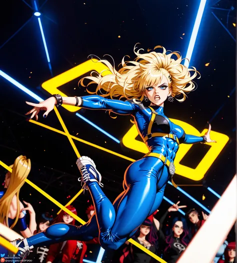 Fighting pose, Big boobs, Marvel Style, Dark blue bodysuit, Dark blue suit, Yellow briefs, Thick, curvy, Straight hair, Superheroine, Blue jacket blue, Fashion Accesories, thick, shot, Stunning, hot, radiant, Sexy, Absolute Masterpiece, sharp focus, depth ...