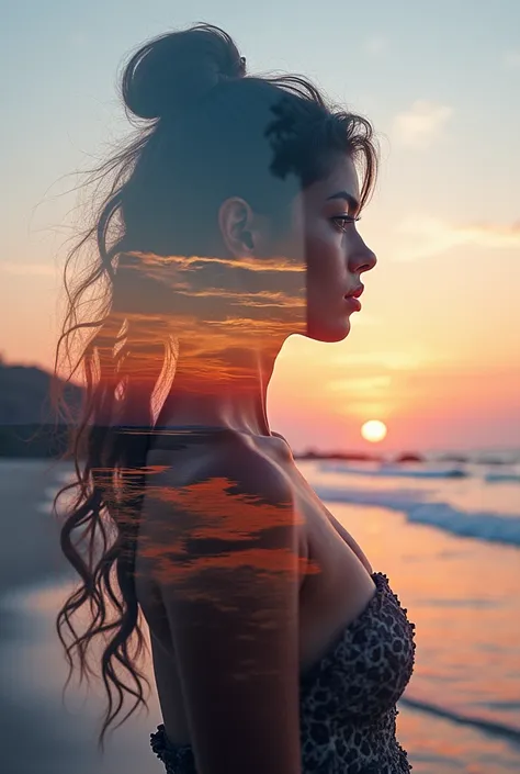  high quality, 8K ultra HD, Una hermosa double exposure que combina una silueta de diosa con la costa al atardecer,  the coast at dusk should serve as a backdrop ,  with its details incorporated in the goddess, sharp lines, The background is monochrome,  s...