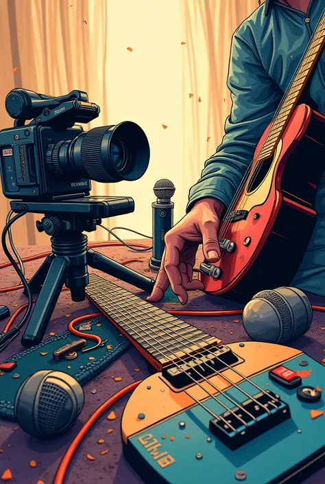 Video camera film,electric guitar,microphone,hand drawn