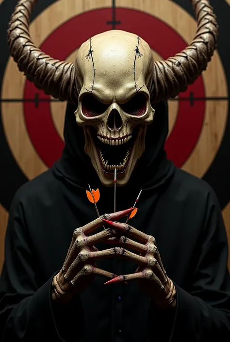 Head of a diabolical creature with two skeletal arms that come out from the back of the head in the claws holds three darts and the background of the image is a bullseye