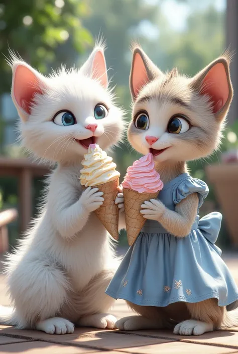 White cat and her realistic adult puppy in a blue dress eating ice cream 