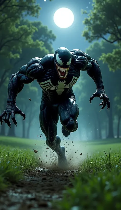 Venom running at full speed, his body leaned forward, and both arms stretched backward to create a streamlined, powerful pose. His sharp teeth are bared in a fierce expression, and his muscular figure is highlighted by the moonlit night. The scene is set i...