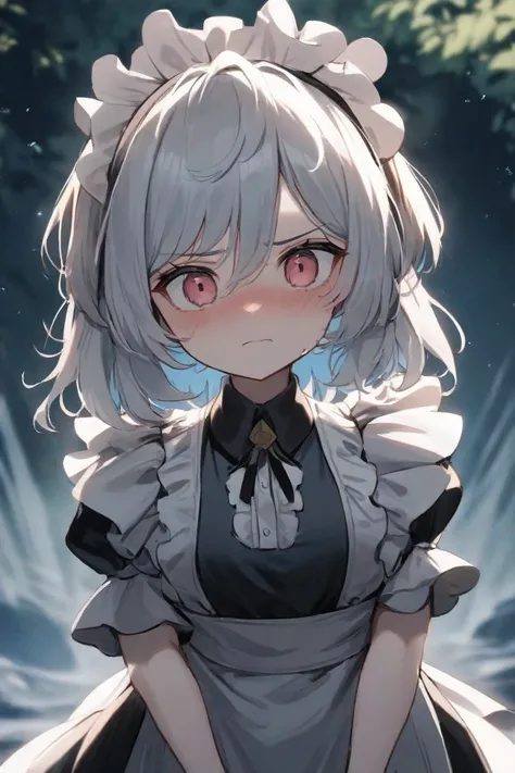 1 girl, Sakuya Izayoi, Touhou Project, Lonely, acessório de Maid, Maid, apron,  short sleeve, dress, closed mouth, apron branco,  Looking at the viewer , apron de Maid,  puffy sleeves , ruffles,  puffy sleeves , dress preto, apron com ruffles, fringe,  out...