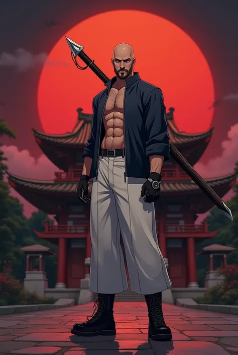 Name bald with beard ONLY ON THE CHIN TRIMMED ,   athletic physique with a short sleeveless jacket very wide white pants,  with black lace-up boots with a scimitar back . In the background an Asian temple sky on a gradient from red in the south to black in...