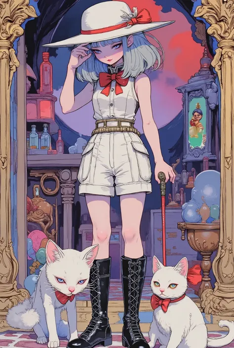 (masterpiece, perfect detail), ( 1girl , doll body, ball jointed doll, ball jointed, anatomy correct, Silver short bob, with bangs and eyes hidden , Purple Lips, white sleeveless feminine tuxedo suit, white above knee shorts, is wearing a big red bow on...