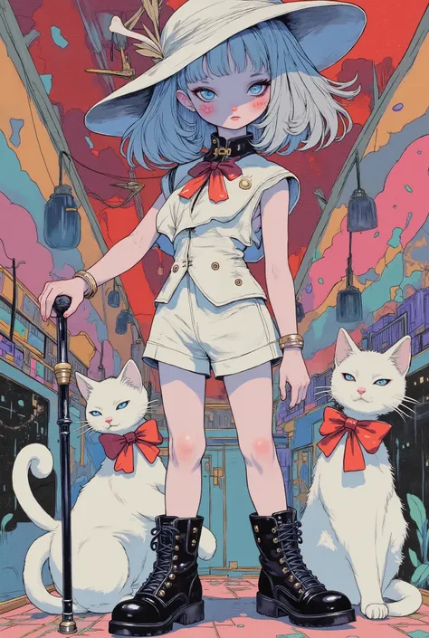 (masterpiece, perfect detail), ( 1girl , doll body, ball jointed doll, ball jointed, anatomy correct, Silver short bob, with bangs and eyes hidden , Purple Lips, white sleeveless feminine tuxedo suit, white above knee shorts, is wearing a big red bow on...