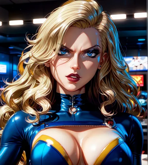 Badass, close-up, Big boobs, Marvel Style, Dark blue bodysuit, Dark blue suit, Yellow briefs, Thick, curvy, Straight hair, Superheroine, Blue jacket blue, Fashion Accesories, thick, shot, Stunning, hot, radiant, Sexy, Absolute Masterpiece, sharp focus, dep...