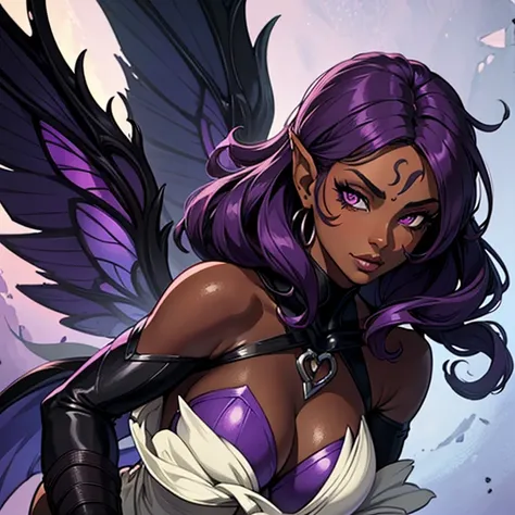 best quality,4k,8k,highres,masterpiece:1.2), ultra-detailed, mature ebony-skinned female, ethereal features, curvy, violet eyes and purple curly hair. Fae. Fae ears. Dark skin 1.3, Chocolate skin 1.5. Black skin 1.3. Dressed in a gown. Sassy. Beauty mark. ...