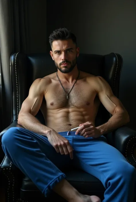 tall green-eyed white man with short black tuft hair and thin beard with a mysterious appearance and an athletic fit shirtless and wearing blue sweatpants sitting on a black leather chair holding a cigarette in a room in shades of black and leather