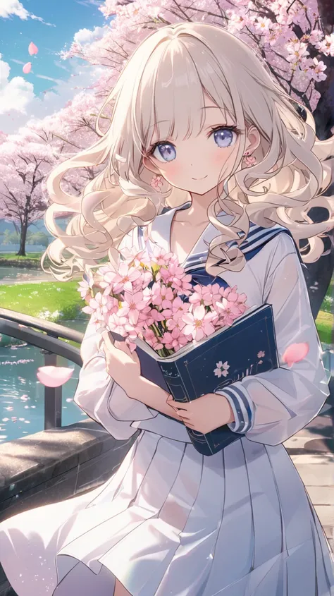 art by Cornflower,  dreamy ,  falling  _ petals,  petals,  pink_flower,  1 girl,cute girl blue_null, spring_(seasOn),  petals_On_liquid, flower, Cherry Blossom Viewing, student服姿, (LOng blOnd curly hair：1.5),Wearing a wreinh,null,  outdoor, cloud, bangs, s...