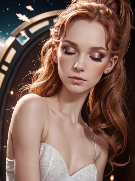 (star fairy, grotesque make up:1.2), intoxicating ponytail, kiper, real skin, segolily nose, (narrow face), slender face, lupine, tribe of ephraim, irish genes, dark hazel eyes, scottish nose, lioness fox, cybercat, (high forehead, freckle:0.8), beady haze...