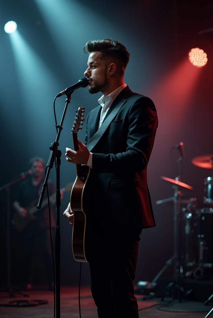 a singer, short quiff, beard, on a stage, wearing a slim black suit, band in the background, illuminated paco, playing guitar, in front of a condenser microphone, focus on the singer,3/4,