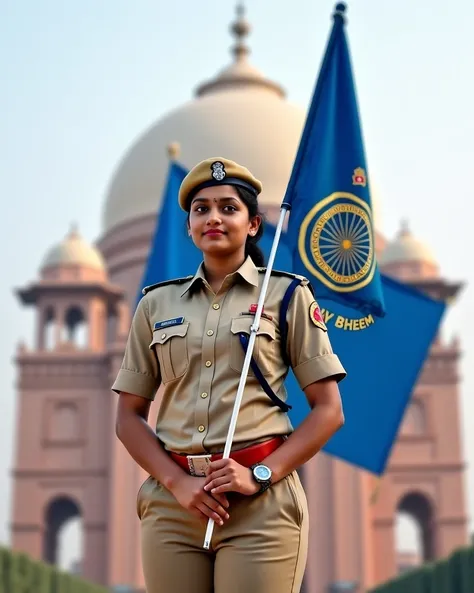 "Create a highly realistic image of a 23-year-old Indian girl wearing a neat and professional Indian police uniform, standing confidently in front of the Ambedkar Memorial in Lucknow. She is holding a blue flag in one hand. The flag has a gold circle in th...