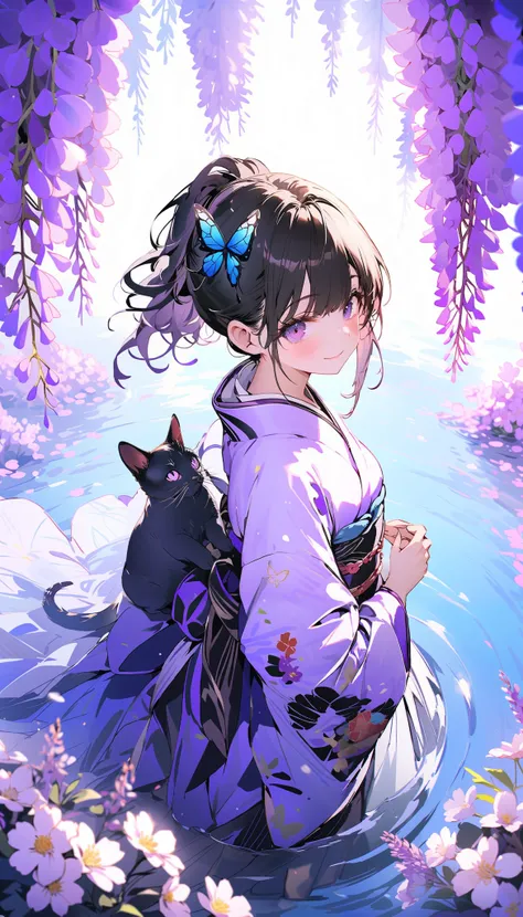 (32k), ((cute girl)), (hight quality), (high-level image quality), (smile), (hight quality wisteria flowers background), (32k background), (wisteria trellis), (purple short ponytail), (purple eyes), (18 years old), (illustration), (purple light particles),...