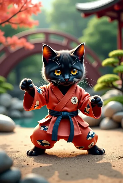 Little black cat with kimono training karate 