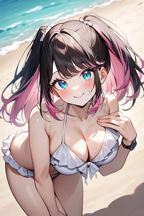 Masterpiece,  top quality,  high resolution, Kaga Nazuna , blue eyes,  multicolored hair ,  black hair,  pink hair with a scar,  long hair,  two side up ,  moderately large breasts , Ruffled bikini,  beach,  lean forward,  pulls his chest, smile,  and watc...