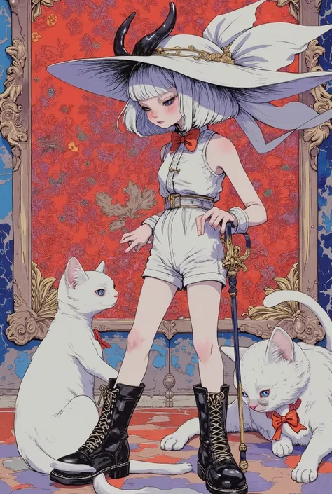 (masterpiece, perfect detail), ( 1girl , doll body, ball jointed doll, ball jointed, anatomy correct, Silver short bob, with bangs and eyes hidden , Purple Lips, white sleeveless feminine tuxedo suit, white above knee shorts, is wearing a big red bow on...