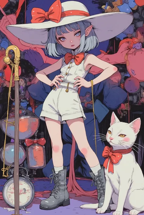 (masterpiece, perfect detail), ( 1girl , doll body, ball jointed doll, ball jointed, anatomy correct, Silver short bob, with bangs and eyes hidden , Purple Lips, white sleeveless feminine tuxedo suit, white above knee shorts, is wearing a big red bow on...
