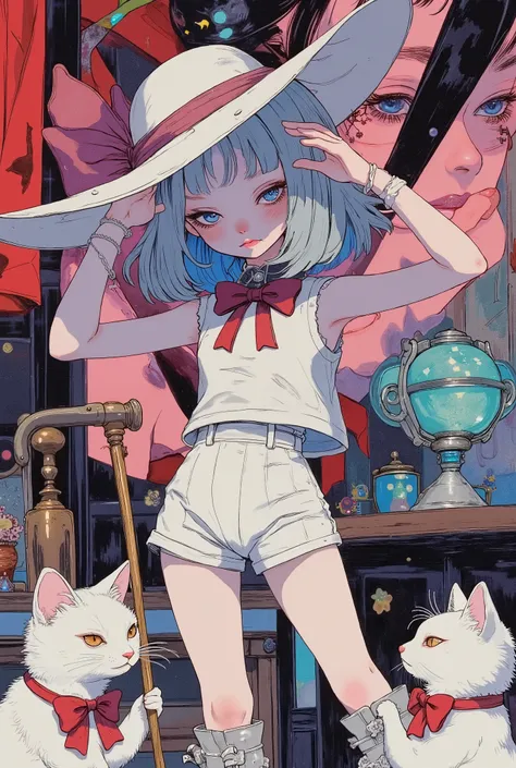 (masterpiece, perfect detail), ( 1girl , doll body, ball jointed doll, ball jointed, anatomy correct, Silver short bob, with bangs and eyes hidden , Purple Lips, white sleeveless feminine tuxedo suit, white above knee shorts, is wearing a big red bow on...