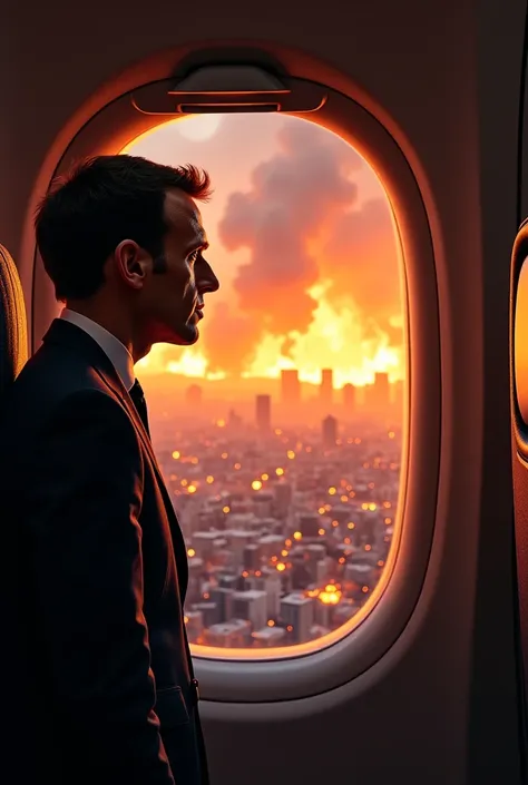 Emmanuel Macron watches from the window of his plane as the city catch fire to death 