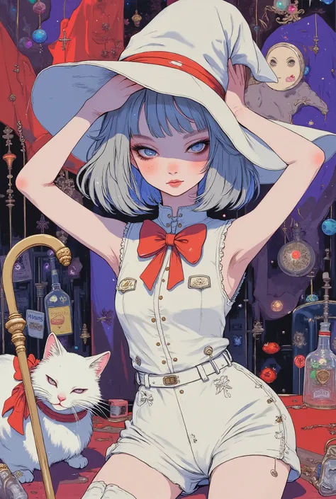 (masterpiece, perfect detail), ( 1girl , doll body, ball jointed doll, ball jointed, anatomy correct, Silver short bob, with bangs and eyes hidden , Purple Lips, white sleeveless feminine tuxedo suit, white above knee shorts, is wearing a big red bow on...
