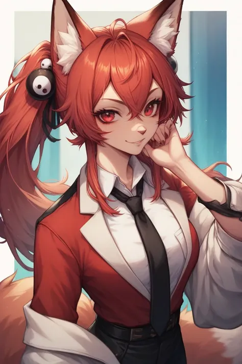 The character has bright red hair styled in medium-length waves. Lower Nose Scar
Animal-like ears resembling fox ears with white fur inside. 
Vibrant red eyes that exude liveliness.
Wears a deep red shirt paired with a black tie featuring a yin-yang pin in...