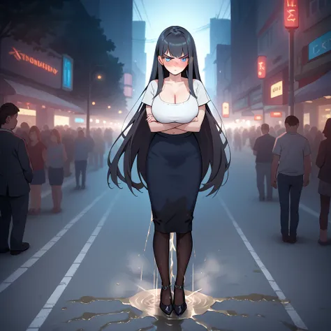 1girl, woman, (wetting self:1.5), desperation, (very long hair:1.5), straight hair, medium bangs, huge breasts, black hair, blue eyes, blue pencil skirt, pantyhose cleavage, (blushing:1.5), humiliation, angry, trembling, (arms crossed:1.5), city, street, c...