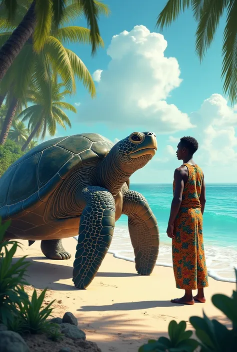 a giant sea turtle talking to a nigerian young man at the shore