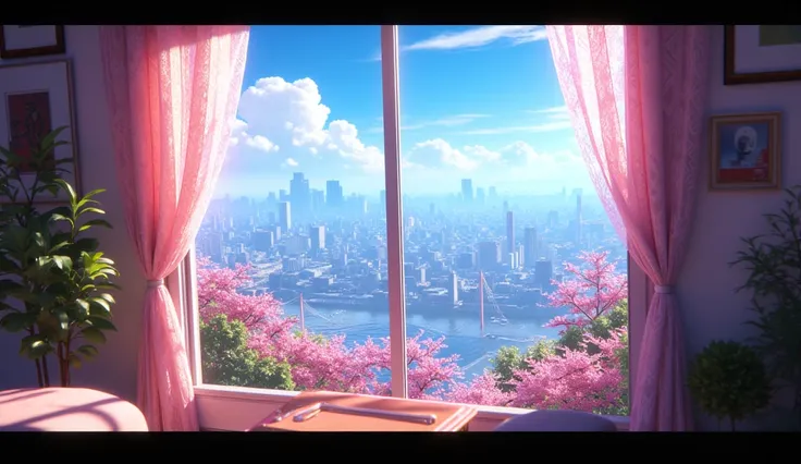 (( top quality、 greatest masterpiece in history、 Official Art、CG illustration))、( landscape illustration、 bright detailed animated illustration)、(Inside where bright outside light shines in 、Window、Window opening to the outside 、 lace curtain 、 You can see...