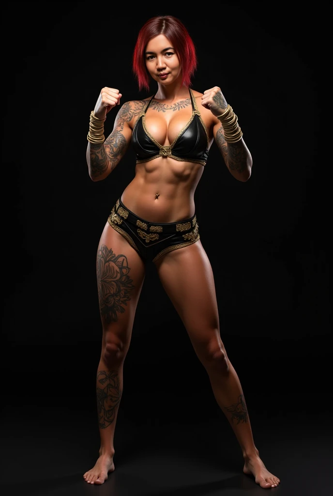 ((Masterpiece, High Quality, 8K, UHD, Ultra Realistic, Sharp Focus, Vivid colors, 8k, cinematic lighting)), Female Muay Boran fighter. Full body portrait of a muscular Muay Thai woman, ((the both arm, hand and the both leg of the body full of tattoo)), per...