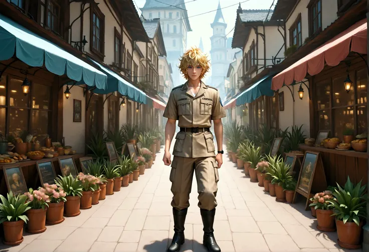 1boy, male, shine tan skin, yellow hair, short messy hair, khaki uniform, blue eyes, shopping street, pave, wooden buildings, rural, european city, masterpiece, best quality, cinematic lighting, black boots, 3d cg, focus on face