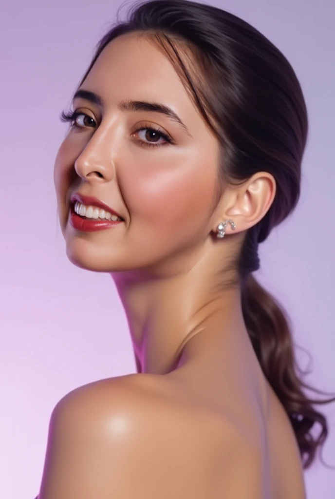 Create an image of an elegant woman with a radiant glow, smooth, well-cared-for skin, looking directly at the camera with confidence and grace. She should have a luminous complexion and a sophisticated appearance. The skin texture should be natural, with a...