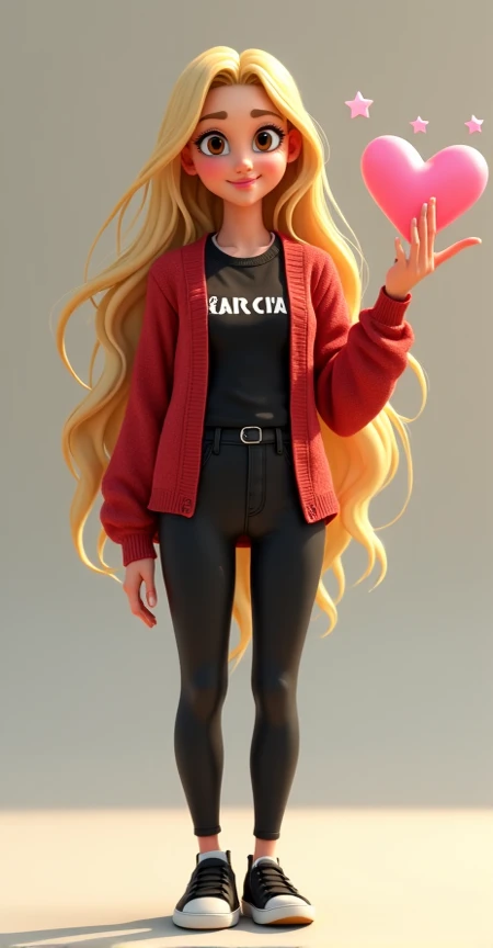 chica (23 years old)with long hair blonde eyes brown nes , smiling, with black t-shirt red sweater with the name GARCÍA black pants with black shoes, holds a pink heart with stars in her hand,