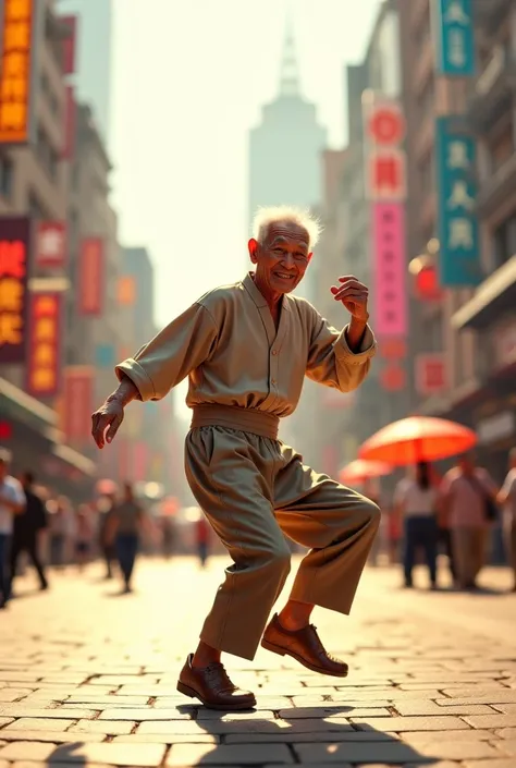 Old Asian man dancing on the street, best style