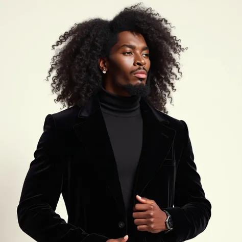 An effeminate black man (skin color 320-2C),  delicate face, with tall curly hair, moustache and beard , wearing a women's Channel velvet coat. head tilted,  hand on waist,  light background to cut out ,  high definition, 16k