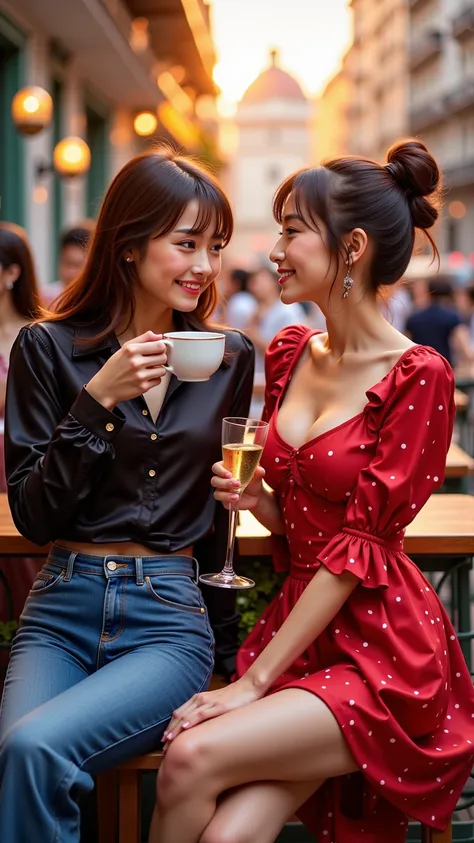 prompt: |
  Two fashionable women sitting at a cozy café terrace, enjoying their drinks and the lively atmosphere of the city. The sun is setting, and the sky is painted with hues of orange and pink, casting a warm light over the urban scene.
  The first w...