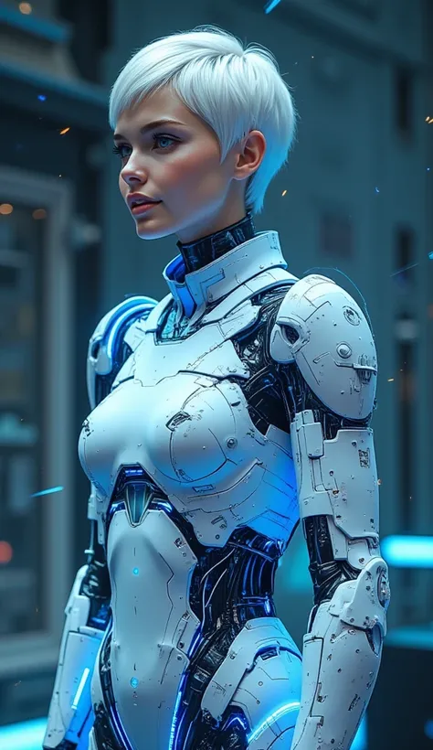 Young, pleasant smile, light skin of a cyborg girl, an open face, an open forehead, with a white short haircut, smooth hair ((stands straight and looks from right side to the camera), stands in anfas, hands on the hips of the sides, 4k of high quality. Pho...