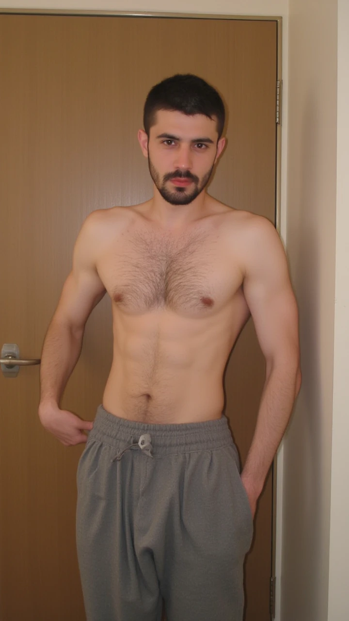 very handsome young turkish guy with muscle, dark short hair fade and goatee he wearing a singlet and a loose chinopants in hotelroom amateur picture location is turkey unexpected photo random picture 