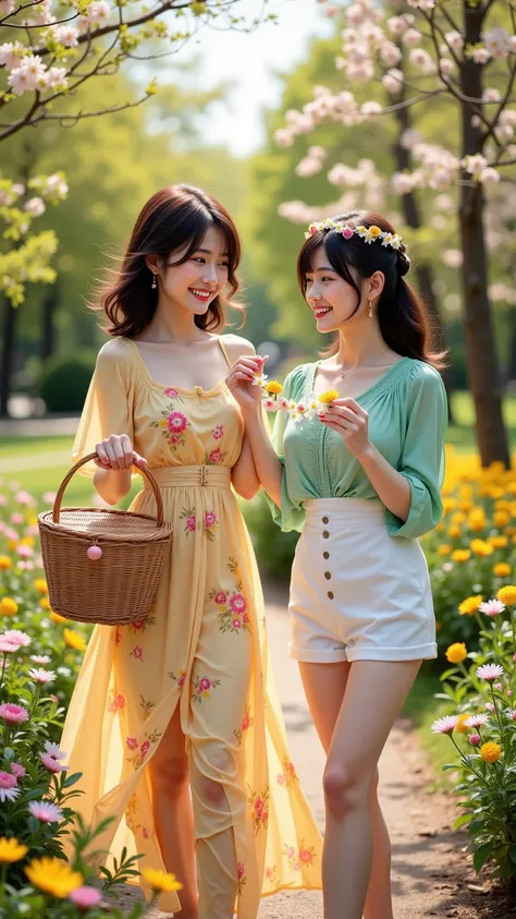 prompt: |
  Two elegant women enjoying a peaceful spring afternoon in a picturesque park, surrounded by blooming flowers and lush greenery. The sun shines brightly overhead, casting a warm glow on the scene, as the soft breeze rustles through the trees. 
 ...