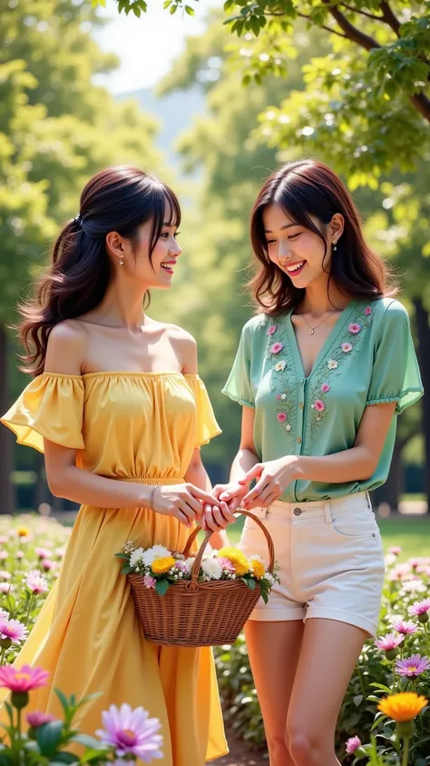 prompt: |
  Two elegant women enjoying a peaceful spring afternoon in a picturesque park, surrounded by blooming flowers and lush greenery. The sun shines brightly overhead, casting a warm glow on the scene, as the soft breeze rustles through the trees. 
 ...